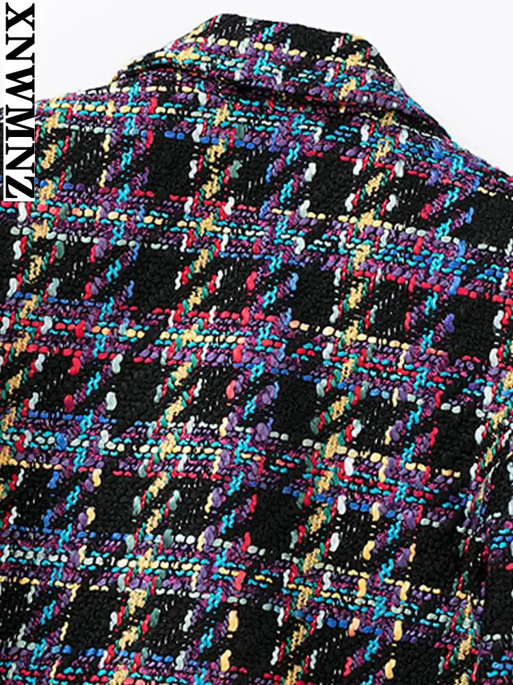 Women's jacket fashion double-breasted tweed cropped blazer vintage long sleeve female outerwear chic veste femme