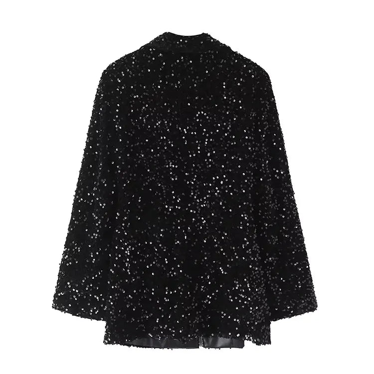 TRAF 2023 Autumn New Fashion Women Shiny Double-breasted Sequins Suit Jacket Female Coat Black Slim Fit Blazers with Belt