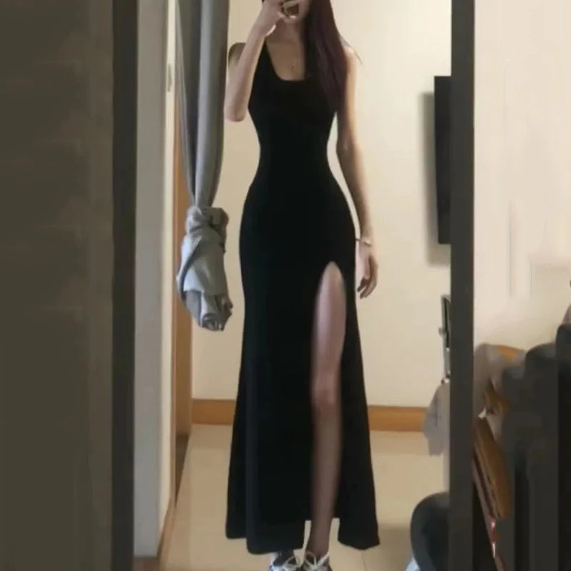 Sexy High Split Spaghetti Strap Dress Women Summer Black Bodycon Dresses Woman Sleeveless Party Long Dress Ladies