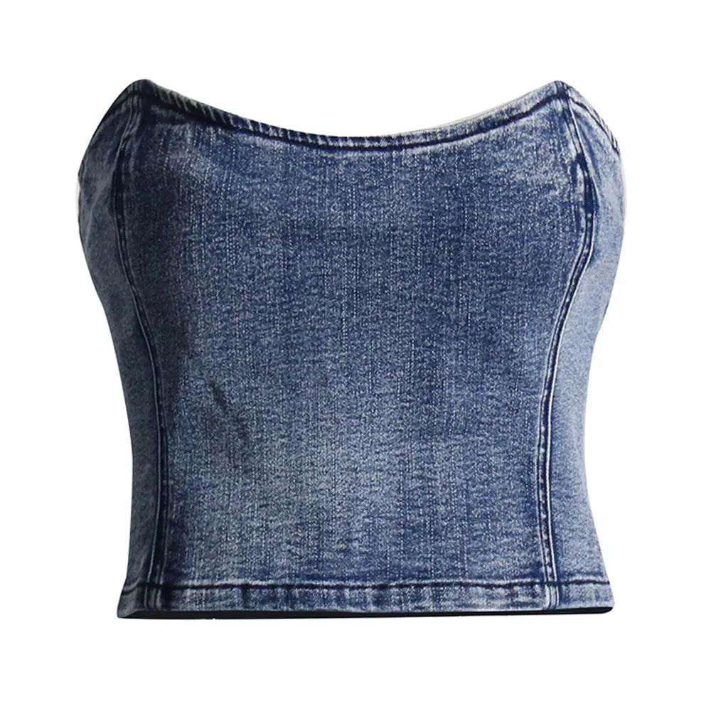 Denim Vintage Two Piece Sets For Women Strapless Sleeveless Tops High Waist Spliced Pockets Pant Casual Set Female