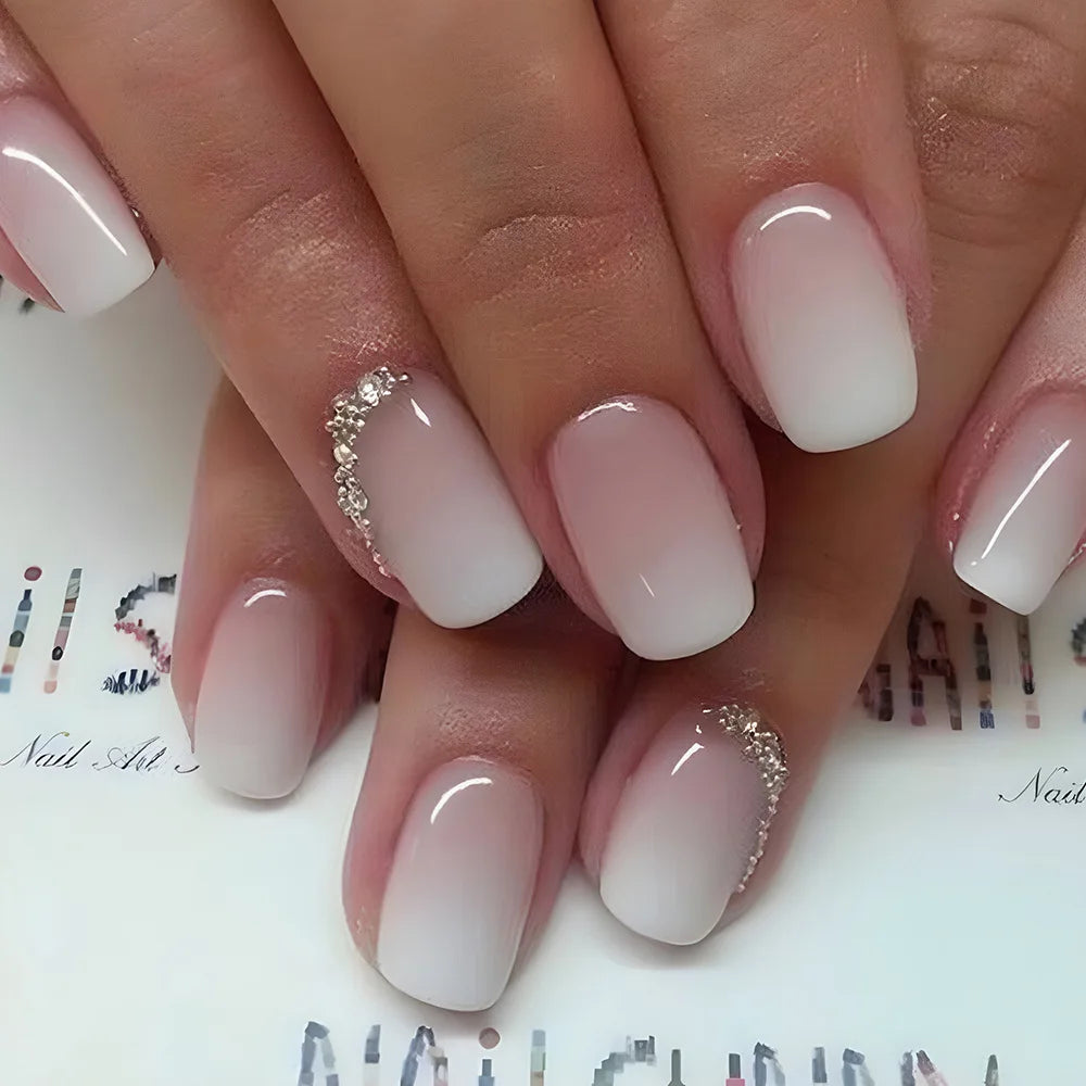 24pcs/set short fake nails gradient nude pink jelly glossy square ballet french tips Reusable faux ongles press on false nail