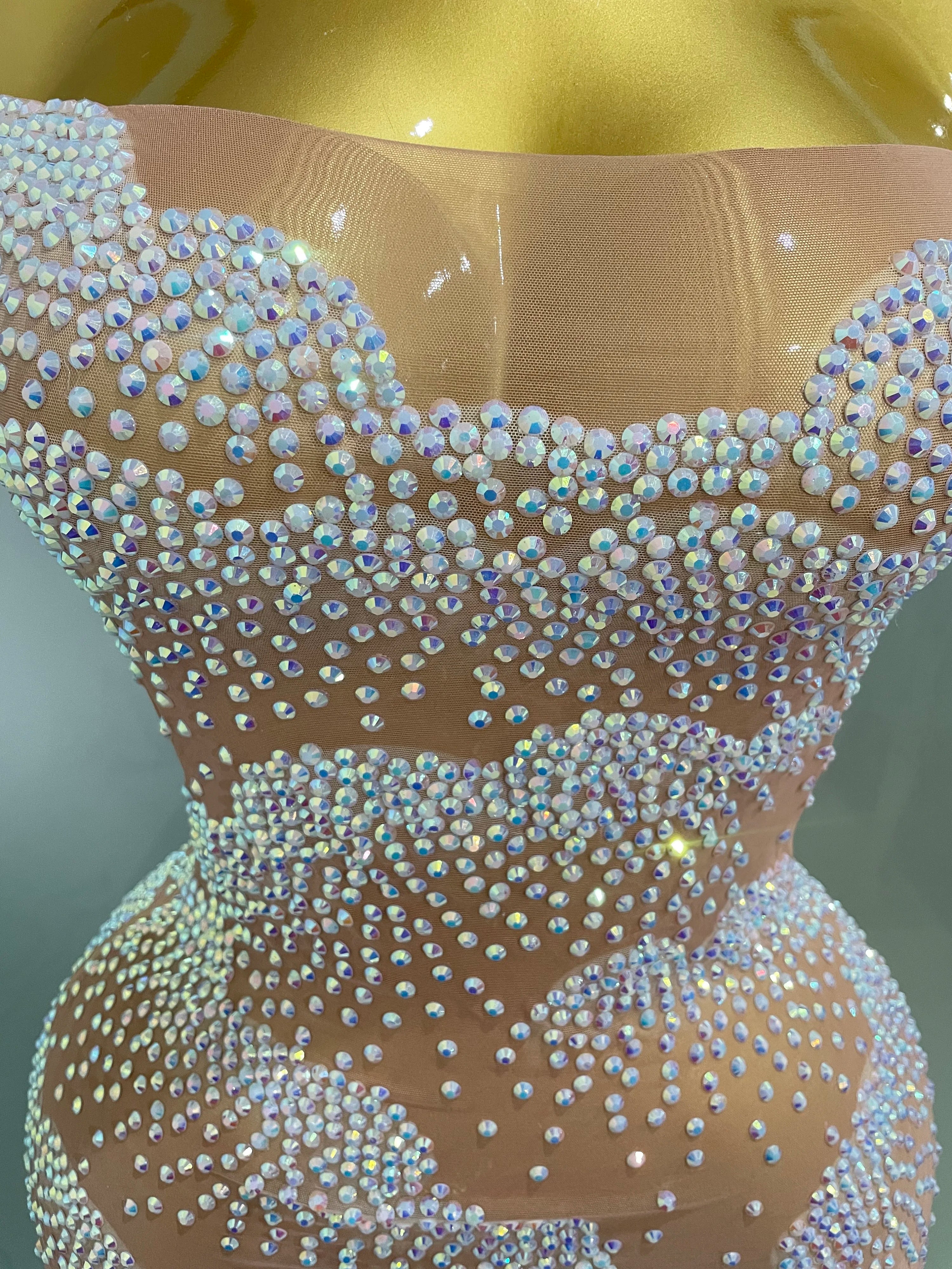 Sexy Sparkle Rhinestone Transparent Stretch Mini Dress 2025 New Women Evening Birthday Party Club Stage Performance Costume