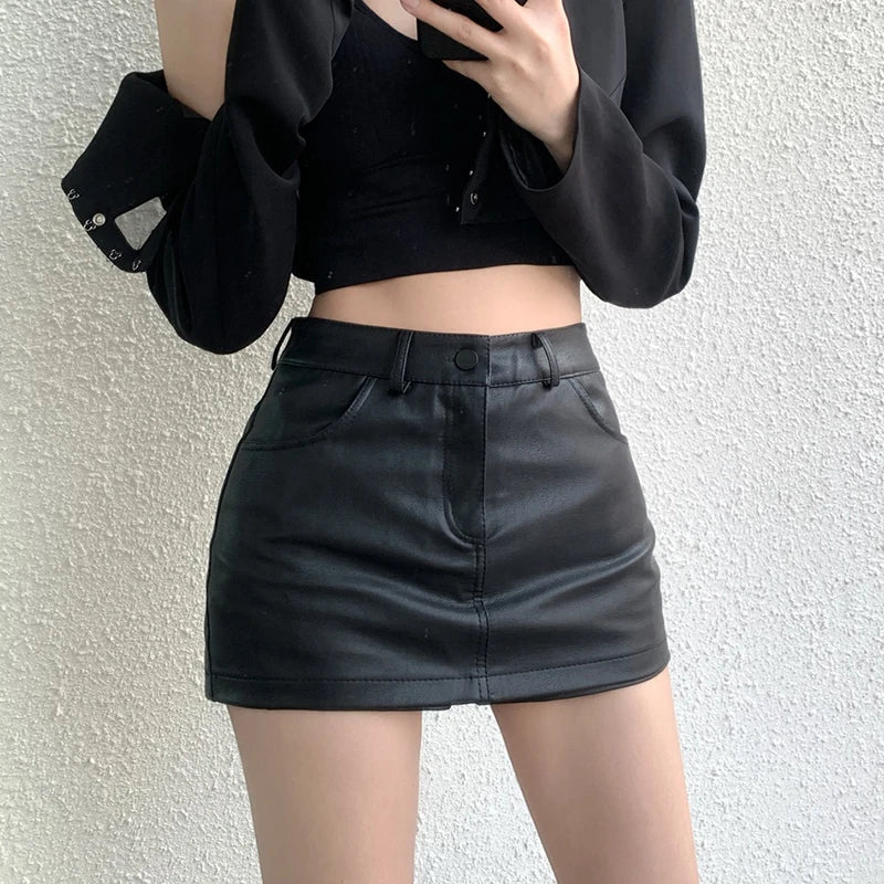 Y2K Black A-line Mini Skirts High Waisted Women Chic Woman Shorts Streetwear Sexy PU Leather Shorts Skirt
