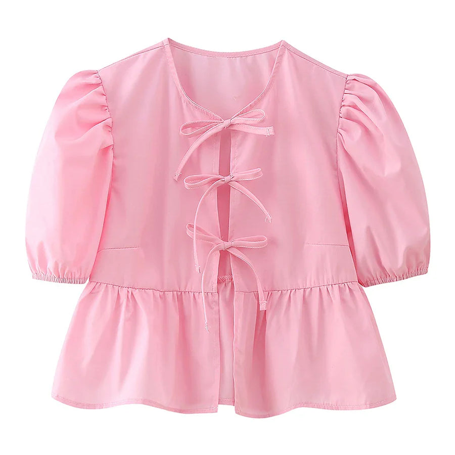 wsevypo Chic Summer Babydoll Shirts Solid/Stripe Short Women's Puff Sleeve Round Neck Tie-Up Front Peplum Blouses Top for Street D