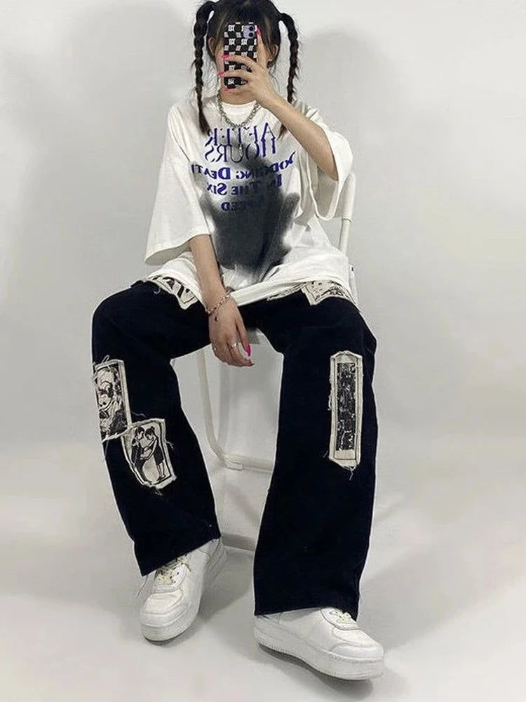 Grunge Punk Patchwork Black Jeans Women Hip Hop Streetwear Print Oversize Wide Leg Trousers 90s Vintage Fashion Pants