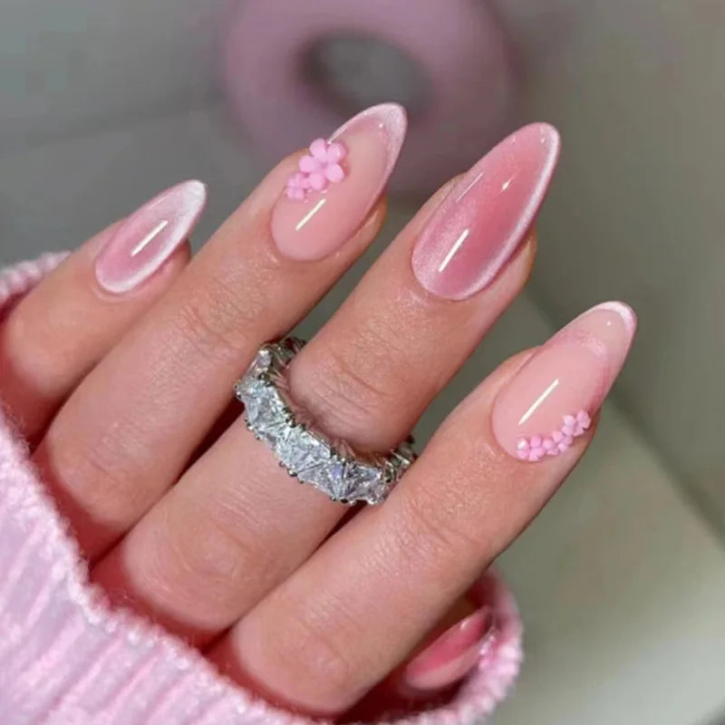24Pcs Almond Cat-Eye Press-On Nails in Blush Pink Reusable&Wearable Elegant 3D Floral French Tips for Women&Girls’Daily Wear