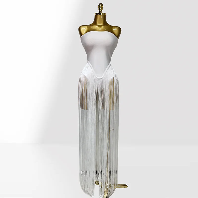 Summer White Color Long Tassel Strapless Bandage Jumpsuit Fashion Woman Party Bodysuit Vestido Performances Costume