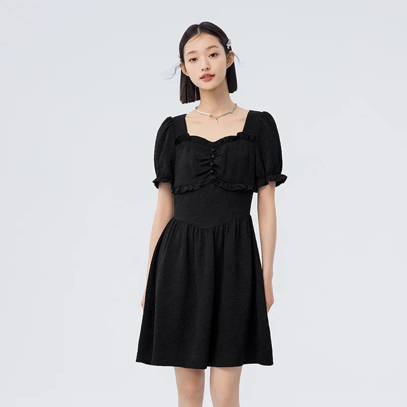 Dress Women Waist Stringy Selvedge Summer Romantic Puff Sleeves Square Neck Textured Floral Skirt black