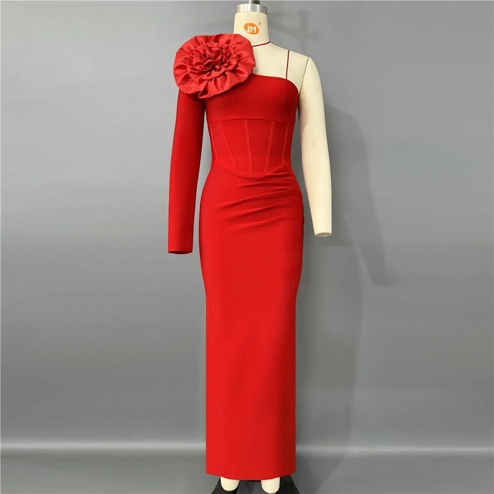 Black Red Women Sexy One Shoulder Big Florals Bodycon Long Bandage Dress Fashion Celebrate Nightclub Party Cocktail Dress