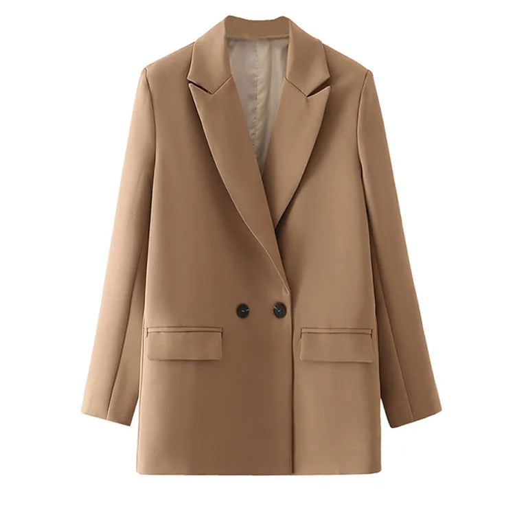 Women Chic Office Lady Double Breasted Blazer Vintage Coat Fashion Notched Collar Long Sleeve Ladies Outerwear Stylish Tops