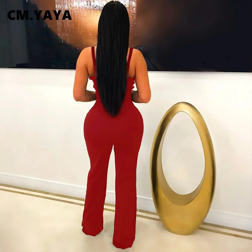 CM.YAYA Women V-Neck Backless Wide Leg Straight Sleeveless Jumpsuits 2025 Spring Patchwork Sexy One Piece Set Streetwear Outfits