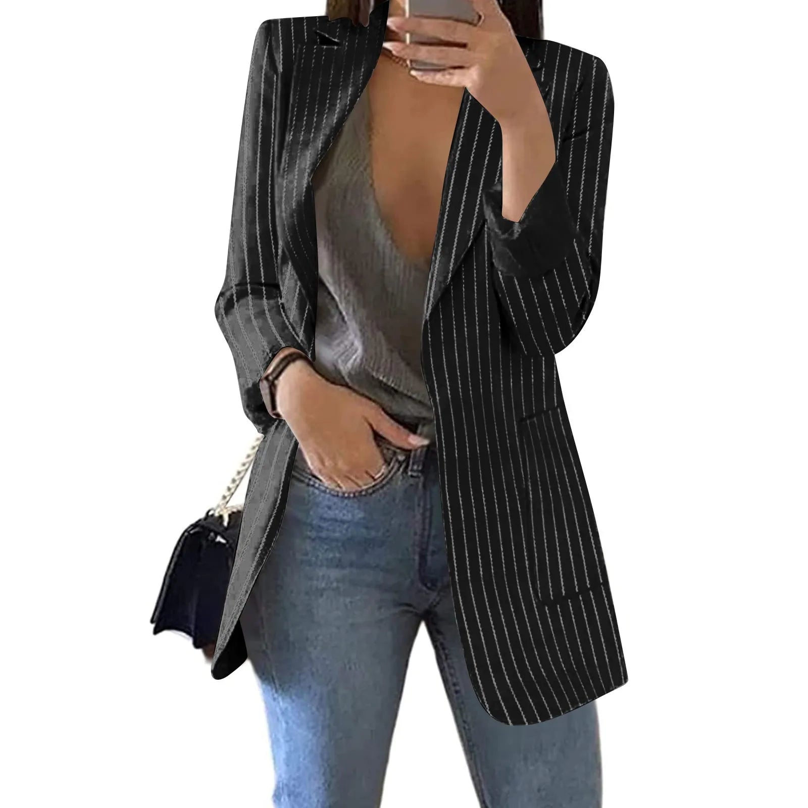 Women's Blazer Coat Stripe Open Front Pockets Cardigan Formal Suit Long Sleeve Blouse Coat black