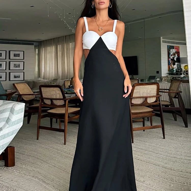 Elegant Lady Contrast Hollow Out Slim Long Dress Fashion Sleeveless Bodycon Maxi Robes Summer 2025 Party Vacation Women Dresses