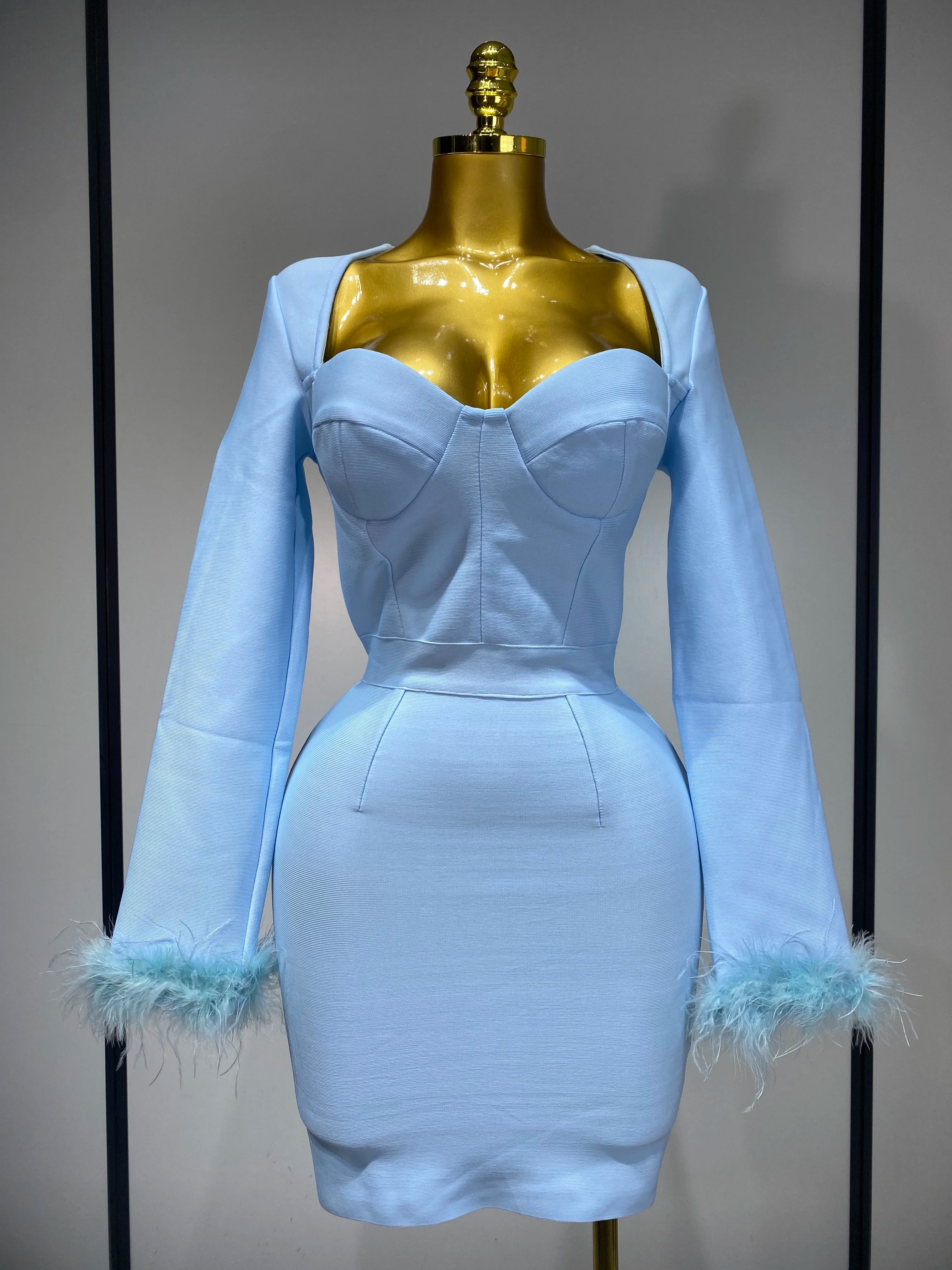 Women Fashion Sexy Long Sleeve Feathers Mini Bodycon Bandage Dress 2025 Elegant Evening Party Club Luxury Birthday Dresses