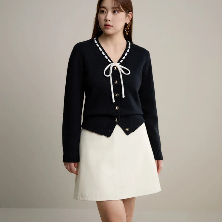 Women Sweet V-Neck Lace-up Red Sweaters Winter Gentle Female Sweater Jacket Temperament Knitted Black Cardigans