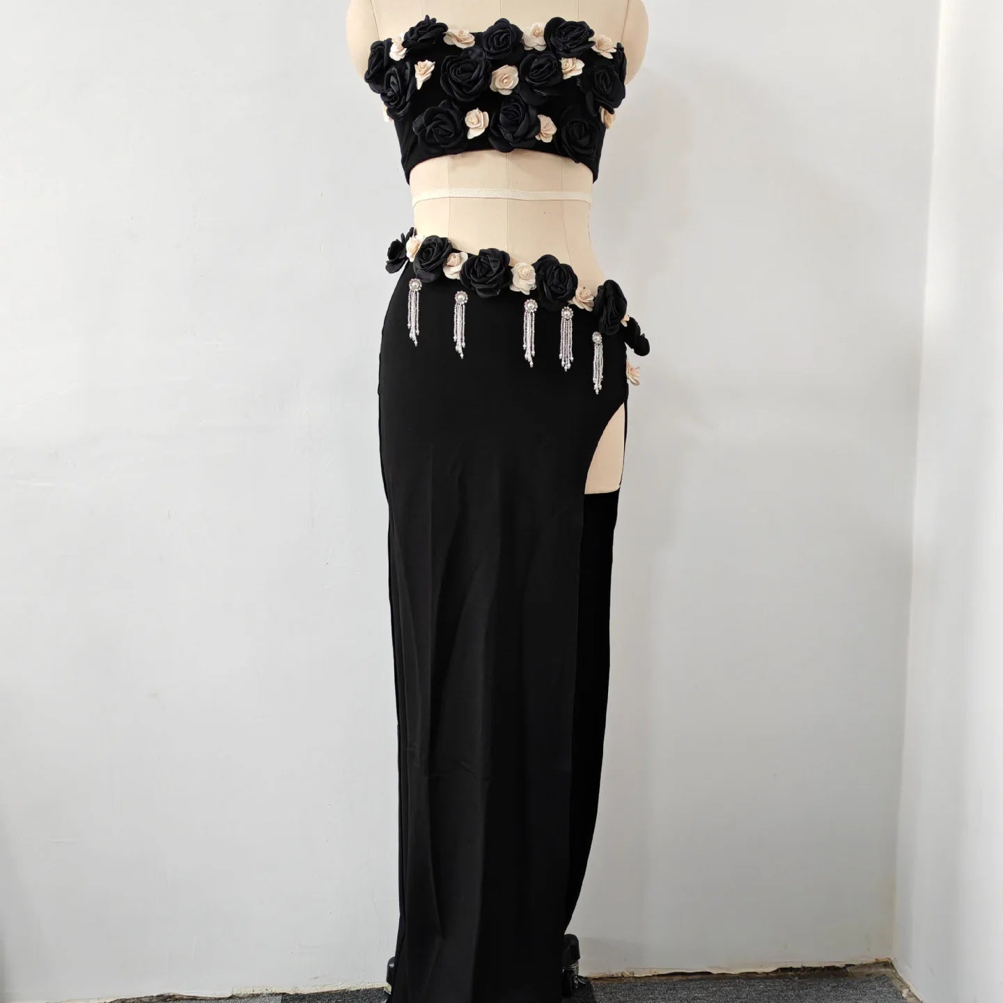 Vestido longo justo preto feminino, sem alças, floral, 2 peças, festa de aniversário, férias, boate