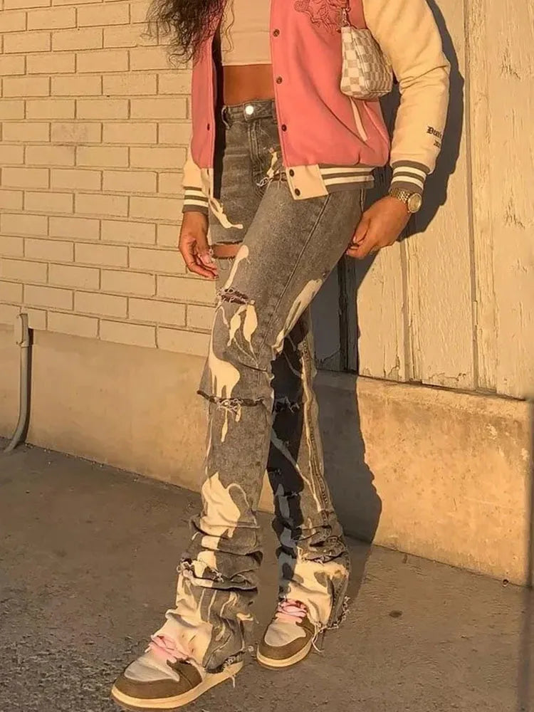 Casual Ripped Hole Jeans Women Fashion Gray Print High Waist Denim Skinny Trousers Streetwear Bottoms Y2K Stacked Pants