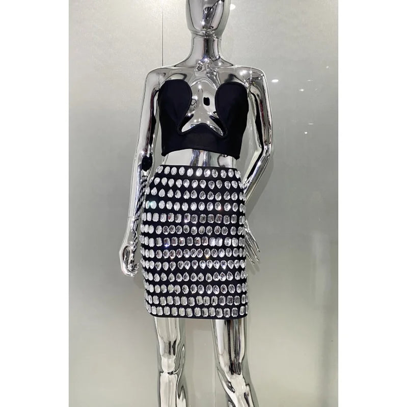High Quality Sexy Deep V-Neck Strapless Top And Sparkling Diamonds Mini Skirt 2 Pieces Woman Set Birthday Party Vestido