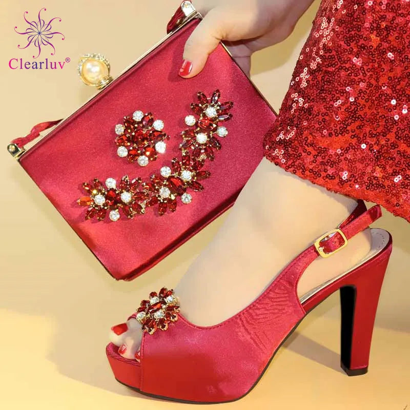African Party Pumps Shoes and Bag Set Decorated with Rhinestone Women Shoe and Bag for Nigeria Party