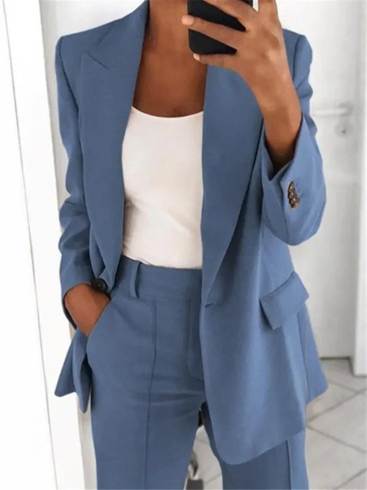 S-5XL Women's Blazer Casual Long-sleeved Top Solid Color Suit Collar Button Simple Temperament Commuter Plus Size Blazer blue TOP