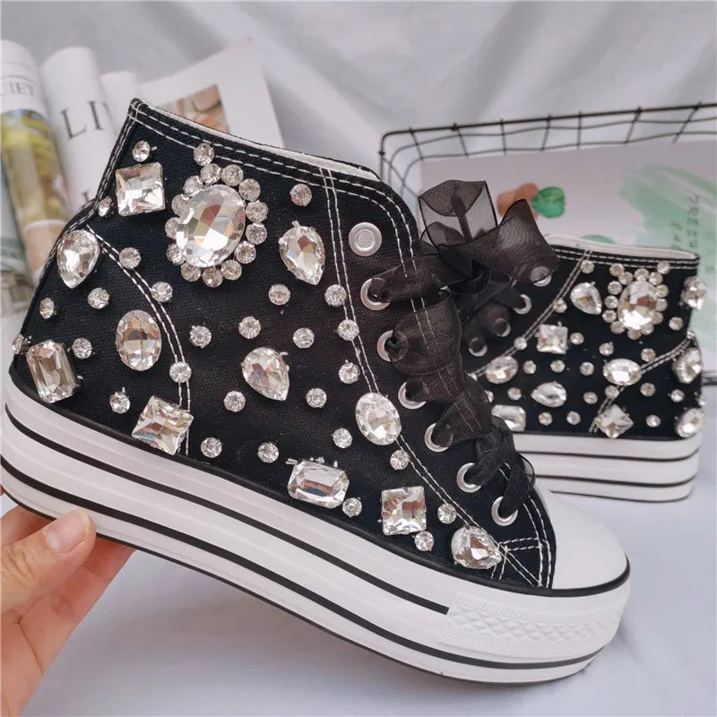 Crystal Hand-made Diamond Thick Bottom Inner High Top Women's Canvas Shoes Designer Sneaker Women Flats Black(High heel 6cm)