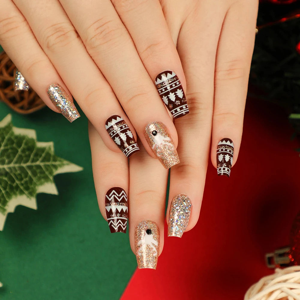 24Pcs/Box Christmas Women Wearable Fake Nails Finished Full Cover Europe America Christmas Collection Short Flat Nails Art Gift 15