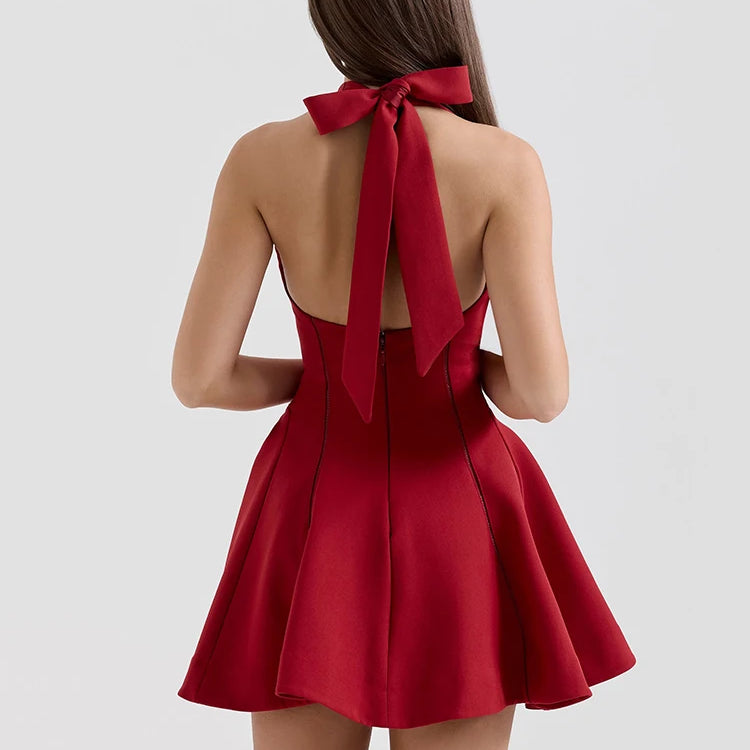 Halter Backless A-line Sexy Mini Dress For Women Robe Fashion Square Collar Sleeveless High Waist Pleated Dress Elegant
