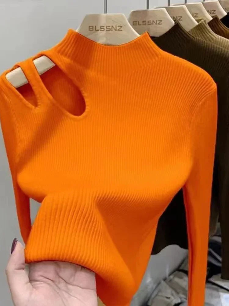 Knitted Sexy Hollow-out Turtleneck Women Sweaters Autumn Winter Jumper Tops Soft Warm Knitwears Female Pullovers Sweater Top Orange One Size