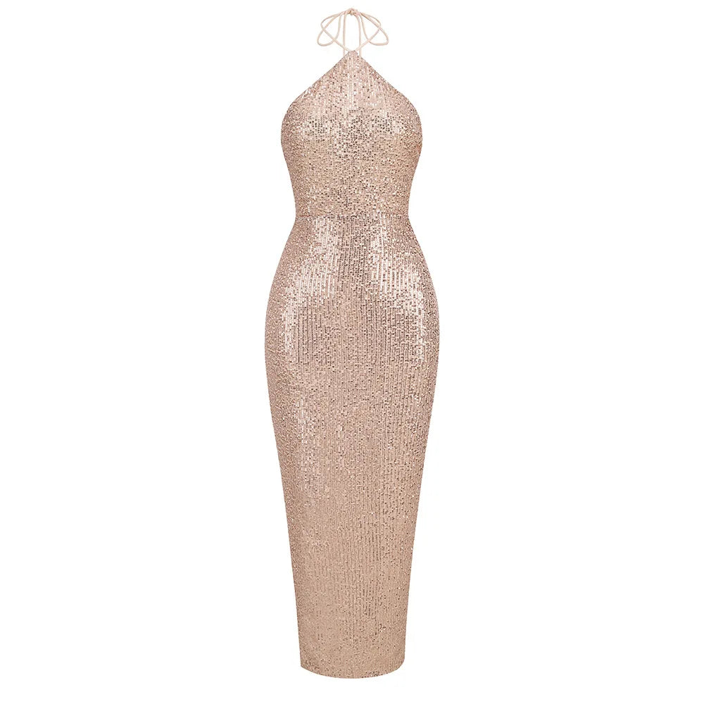 Shinning Sequins Women Sexy Halter Off the SHoulder Bodycon Slim Long Dress Fashion Celebrate Evening Party Cocktail Dress