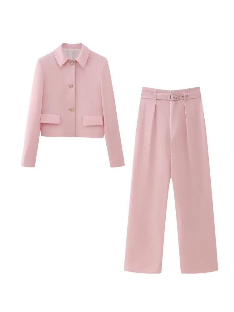 TRAF Spring Elegant Women Pink Y2K Short Blazer Metal Flower Button Long Sleeve Female Suit Jacket Turn Down Collar Tops Set 01-02