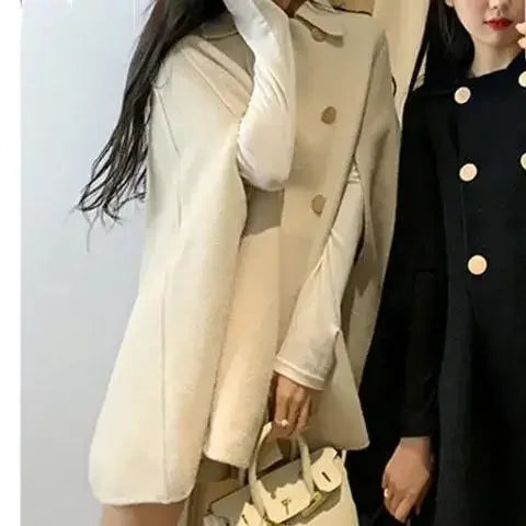 Fashion Woolen Poncho Coats for Women Autumn Winter Solid Cape Cloak Coat Loose Overcoat Female Double Breasted Lapel Jackets Beige
