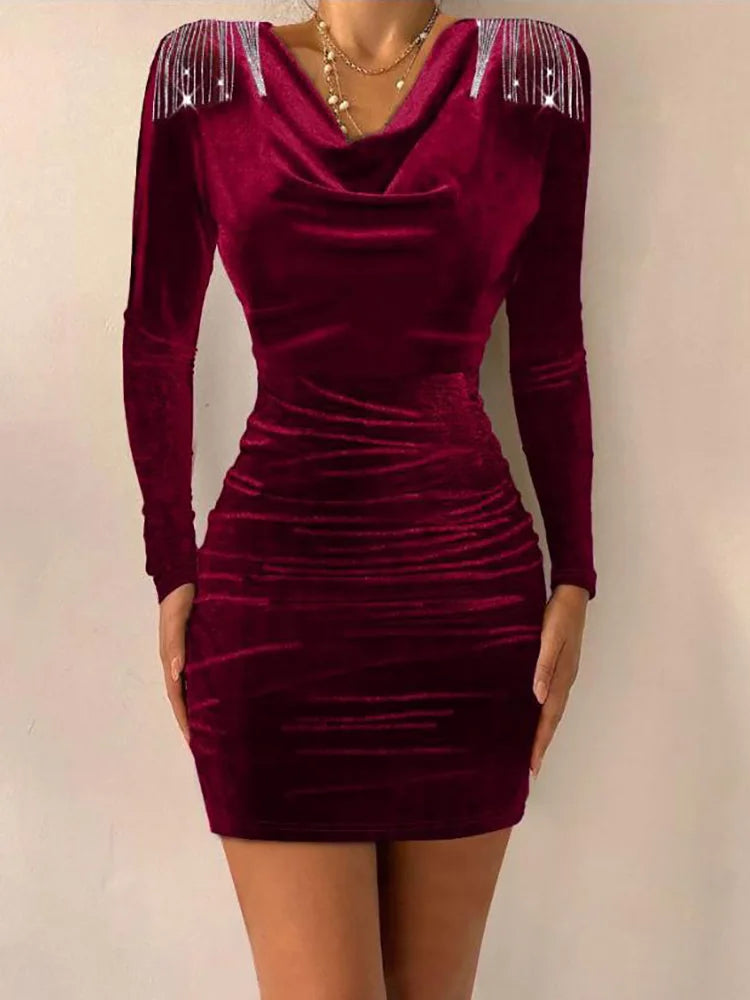 Loungewear Sheath Dress, Autumn Winter Simple V-Neck Fashion Mini Dress, Women Long Sleeve Tassel Party Dress
