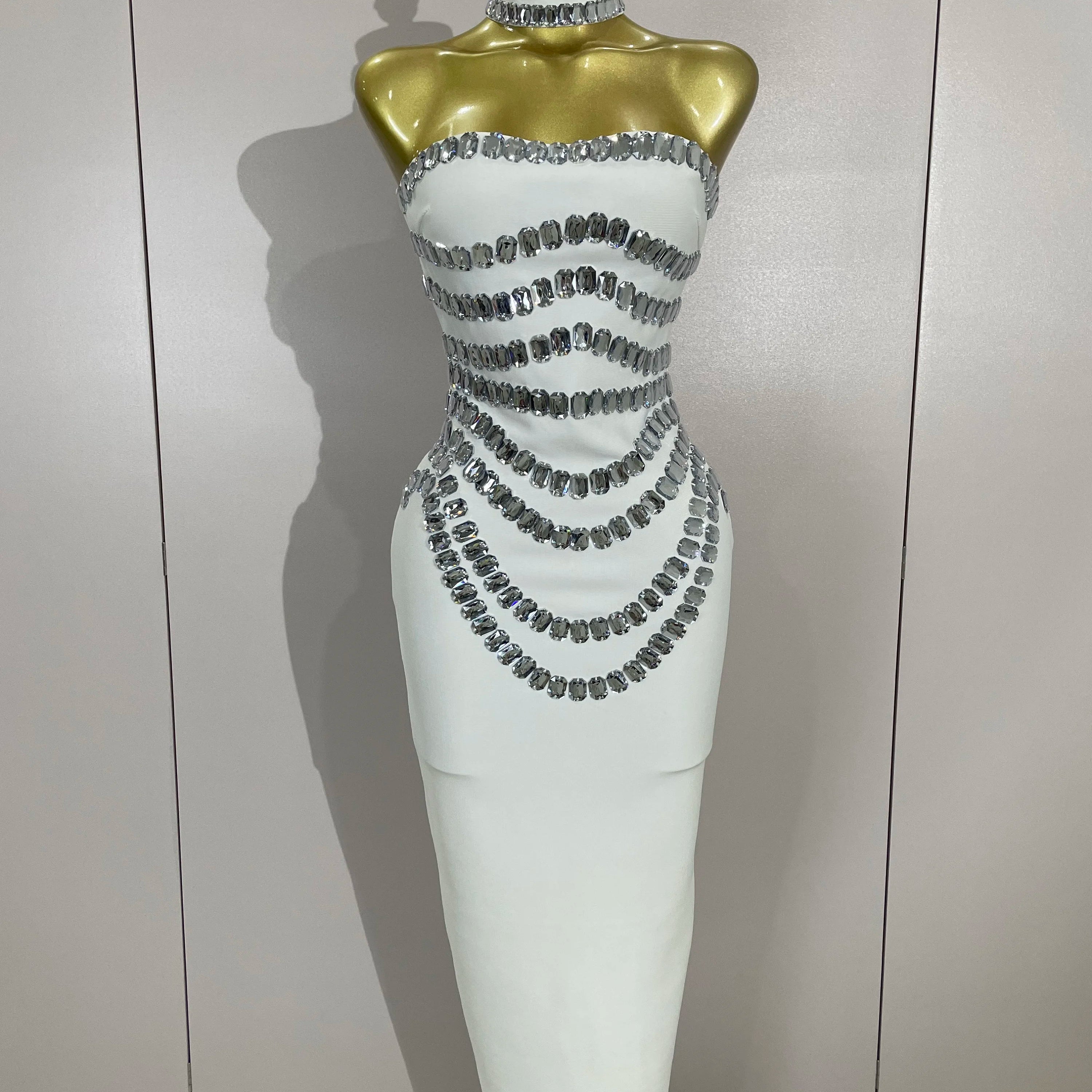 Vestido longo feminino sensual sem costas, sem alças, preto, com contas, bandagem, bodycon, celebridade, elegante, noite, luxo, aniversário, 2025