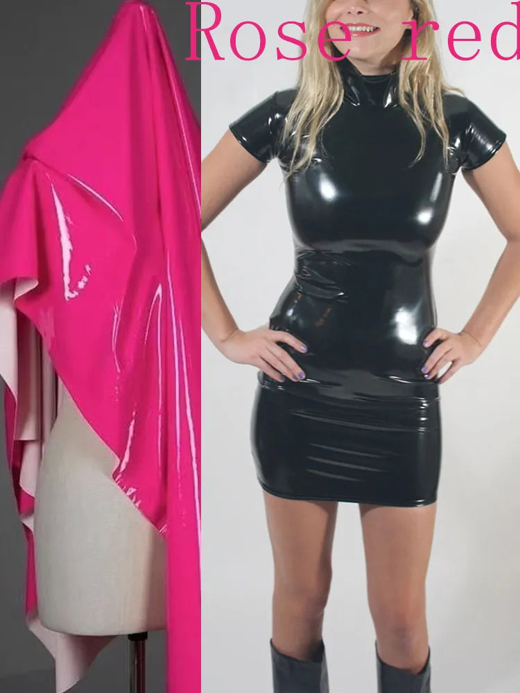 Stretch Shiny Patent Leather Slim Dress Women Summer Faux Latex Short Sleeve Bodycon Mini Dress Black PU Clubwear New Custom Rose Red
