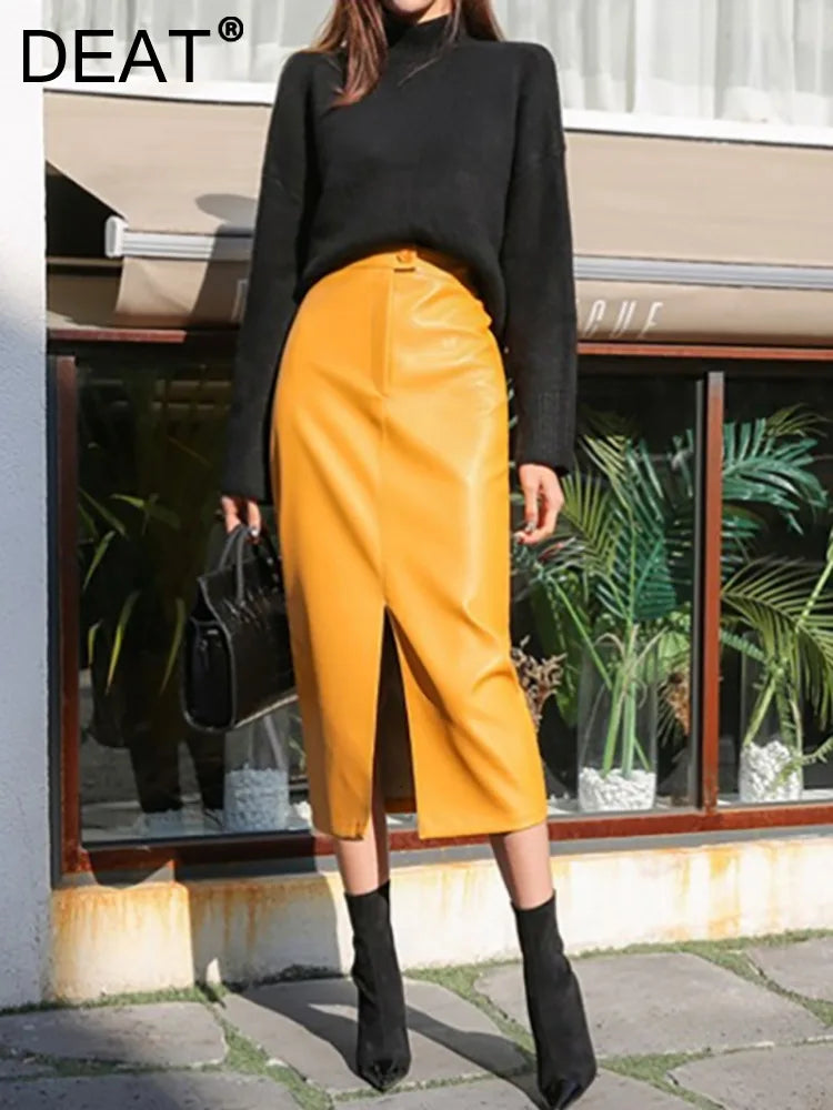 DEAT Fast Delivery New Fashion Korean Female PU Leather High Quality Mid-calf Length Spit Sexy High Waist Skirt AY095