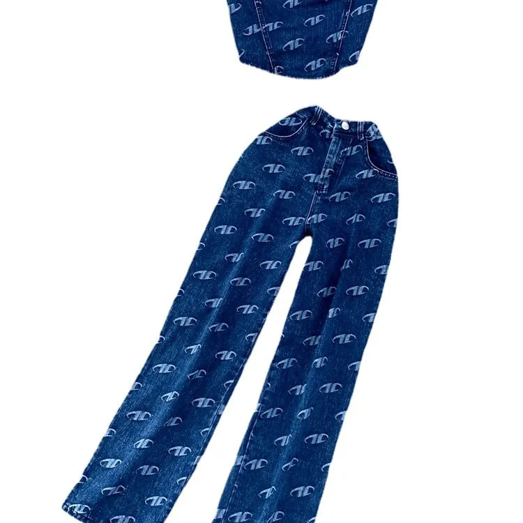 Fashion Set Women's Retro American Style Bra Denim Tank Top Two Piece Casual High Waist Slim Straight Trouser Set