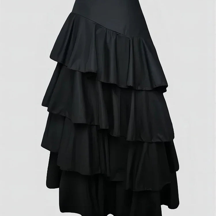 Women's High Waist Layered Ruffle Maxi Cake Skirt Elegant Party Wedding Guest Y2K Solid Vintage Black Solid A Line Skirts