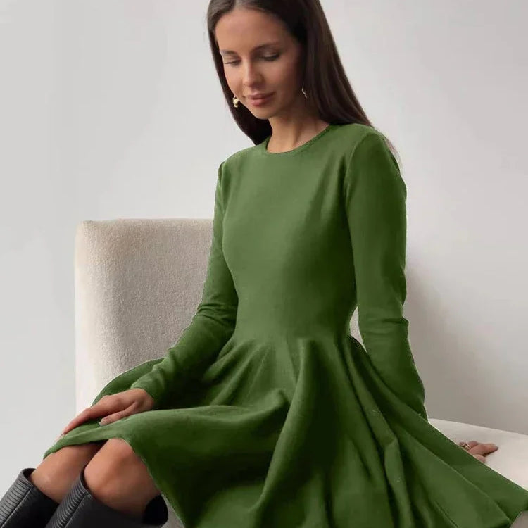 Elegant Solid Knit Dress Women Autumn Winter Casual Long Sleeve A-line Evening Dresses Female Korean Sexy Mini Dress Green