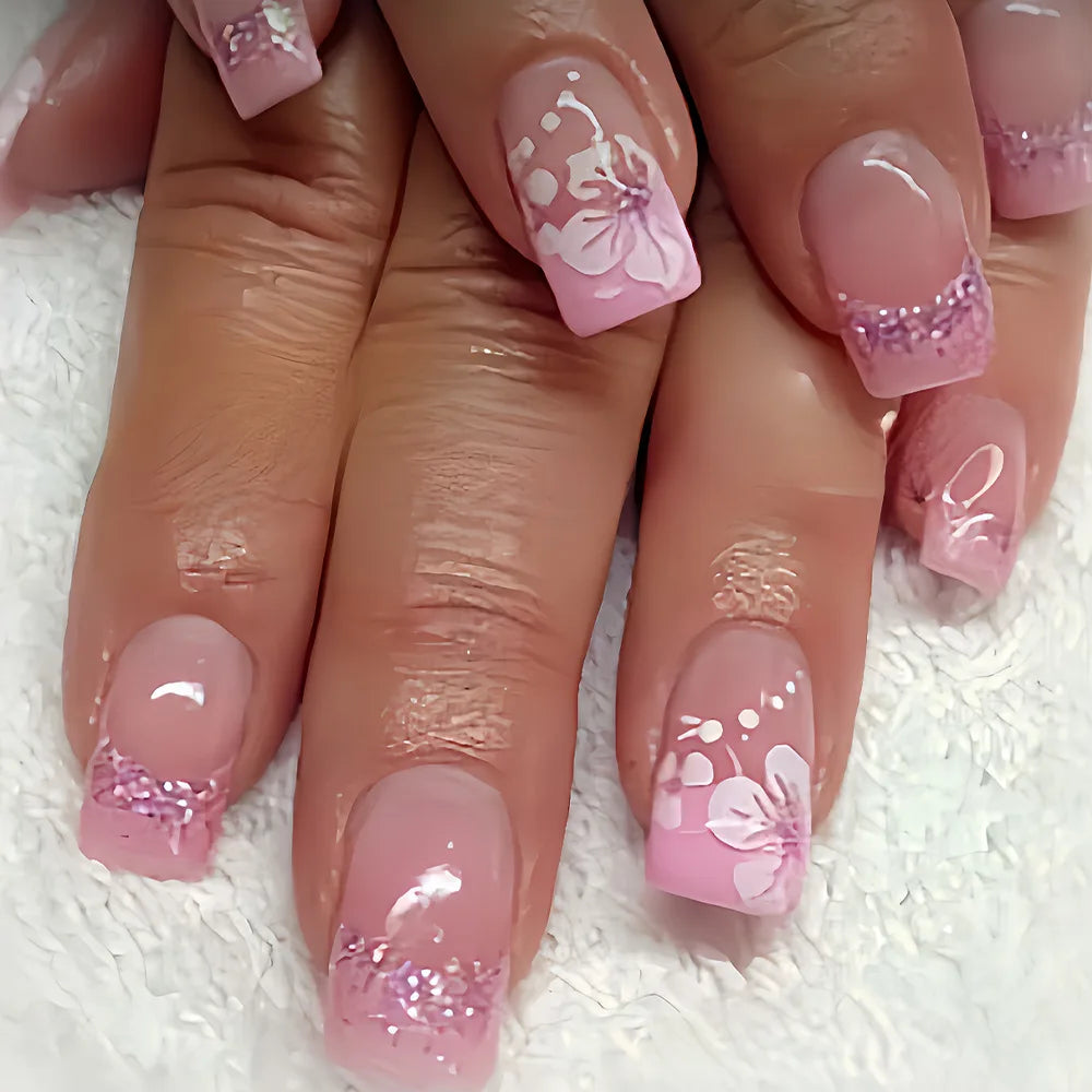 24Pcs Fake Nails with Romantic Blue Flowers Design Short Square False Nails Glitter Full Cover Nail Tips Wearable Press on Nails