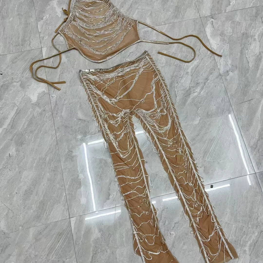 Sparkly Silver Rhinestone Crystals Crop Tops Long Pants 2Pieces Set Nightclub Event Party Stage Show High-quality Outfit Dudou