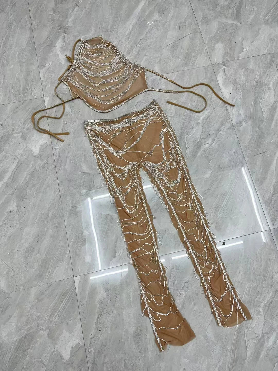 Sparkly Silver Rhinestone Crystals Crop Tops Long Pants 2Pieces Set Nightclub Event Party Stage Show High-quality Outfit Dudou