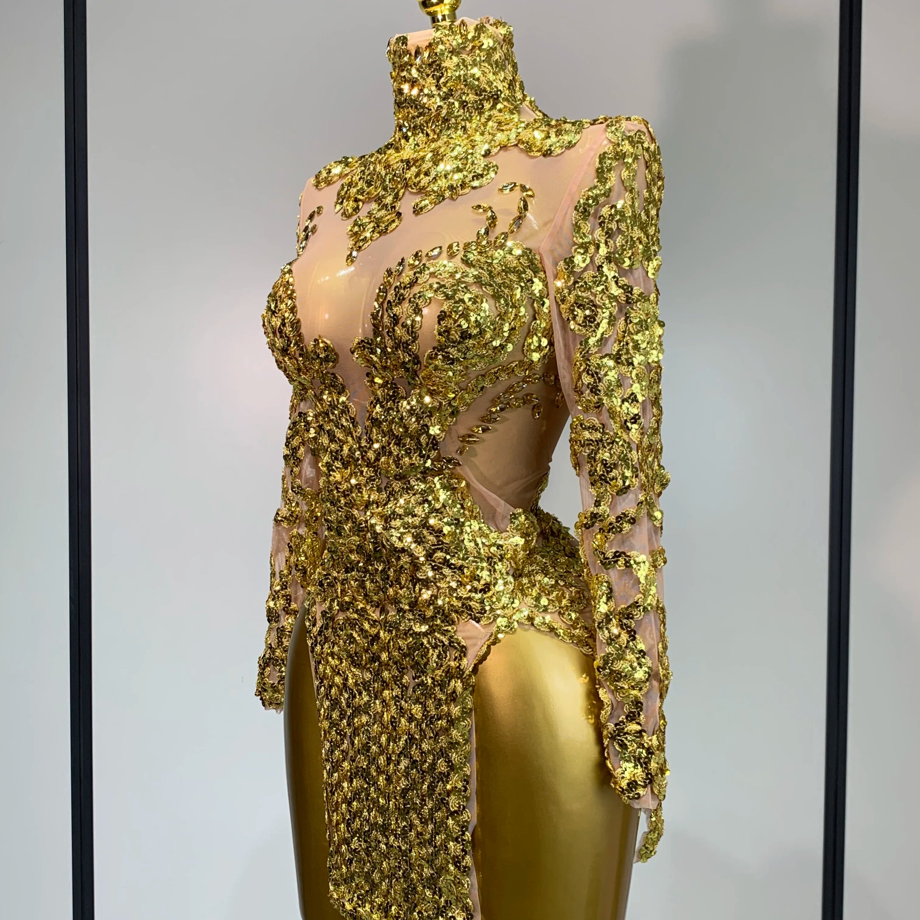 Women Long Sleeve Sexy Shinning Sequins Bodycon Mini Dress Mesh See Through Celebrate Birthday Evening Party Club Stage Outfit