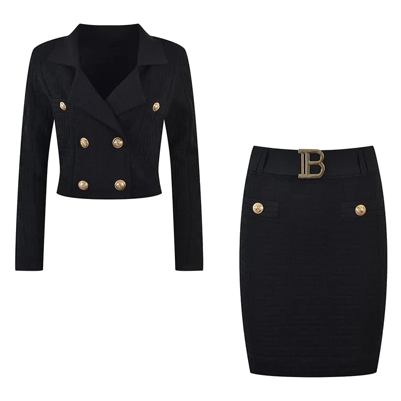 Brand Fall Women Stretch Knit Two Piece Sets Texture Pattern Long Sleeve Cardigan Sweater Tops Slim Skirt Belt 2 Color Option OL black