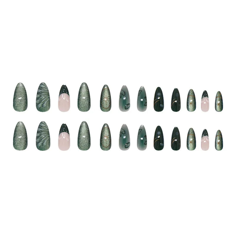 24pcs French Almond Press on Nails Retro Green Cat Eye Fake Nail Tips Detachable Wearable Sweet Cool Spice Girl False Nails