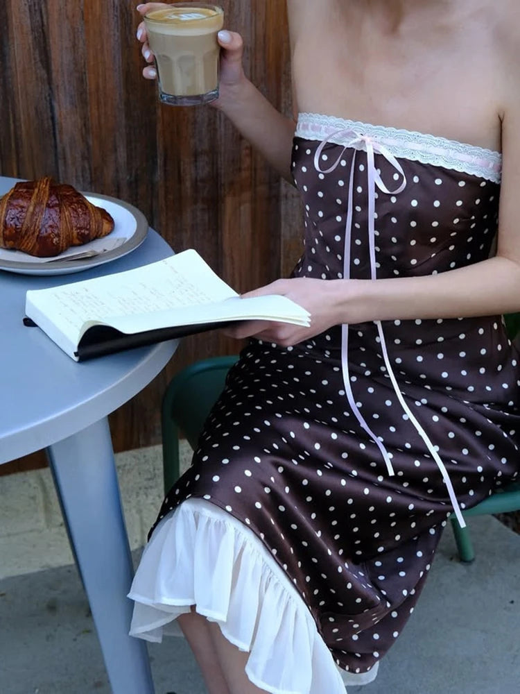 Lace Strapless Backless Sexy Midi Dress For Women Fashion Off-shoulder Sleeveless Bodycon Polka Dot Dress Elegant