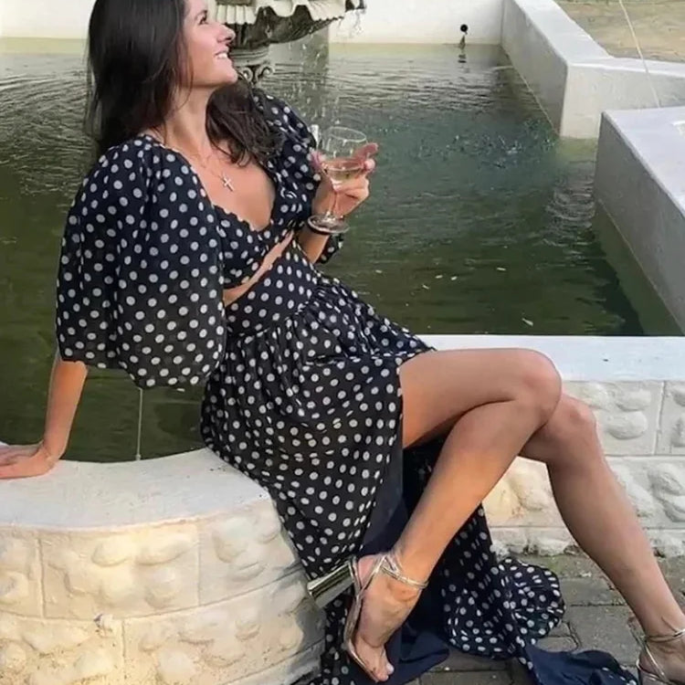 Foridol Vintage Polka Dots Printed 2 Pcs Set Women Summer Matching Set Maxi Skirt Beach Dress Set New Outfits Holiday Robe