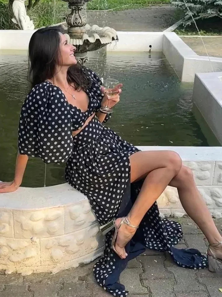Foridol Vintage Polka Dots Printed 2 Pcs Set Women Summer Matching Set Maxi Skirt Beach Dress Set New Outfits Holiday Robe