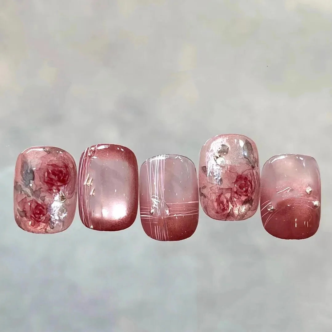 10pcs Golden Smudge Handmade Press on Nails Tips Wearable Short Ballet False Nail Art Green Cat's Eye Fake Nail Glitter Manicure