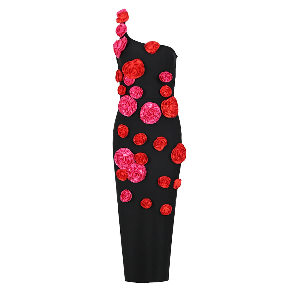 High Quality Red Flowers Strapless Black Bandage Ankle Length Dress Elegant Woman Evening Party Dress Cocktail Party Vestido