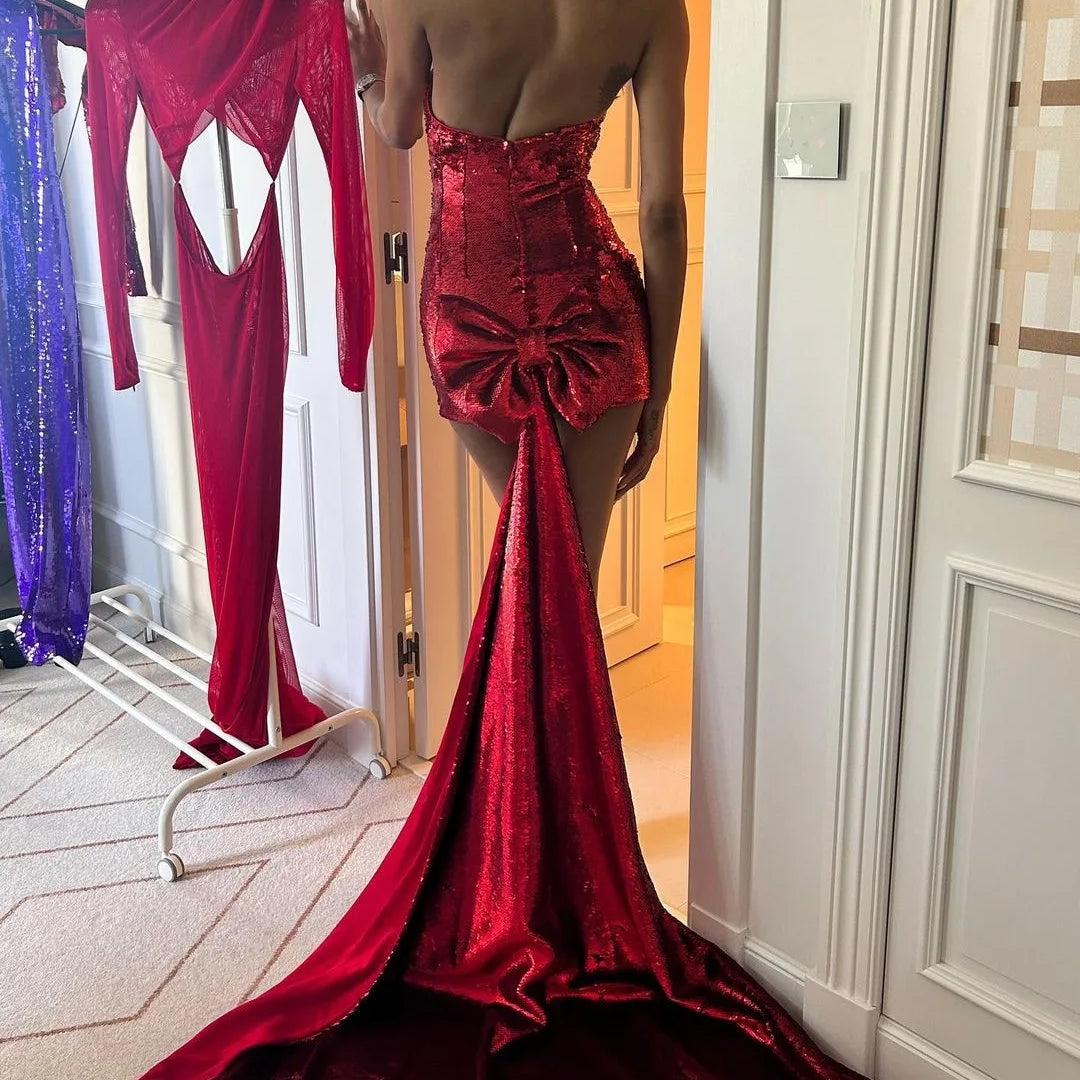 Vestido curto feminino sexy sem alças com lantejoulas brilhantes para festa e boate, com laço grande